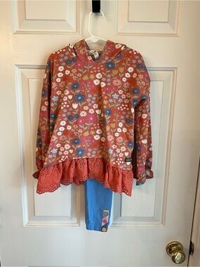 Matilda Jane Coral Floral Hooded Pajama Set with Blue Leggings